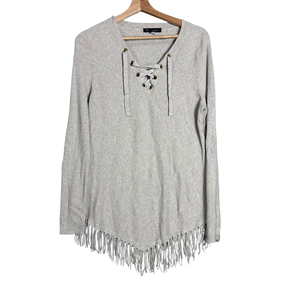 INC Lace-Up Fringe Sweater Boho Oatmeal Size L Cozy Chic western earthy indie